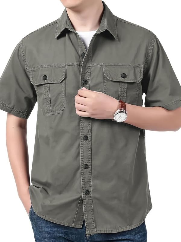 SHIENZY Men's Regular Fit Solid Printed Cotton Casual Shirt || Half Sleeve, Double Pocket || Denim Jacket Style Fashionable Western Outfit (1652_SHZ_Gry_S) 1