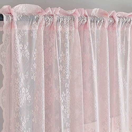 YJ YANJUN Lace Net Curtains for Windows 54 Drop Pair Light Pink Kitchen Sheer Curtains Floral Kids Curtains for Girls Bedroom Scrolled Voile Curtain Panel 52" Wide x 54" Drop (132cm x 137cm) - Image 3