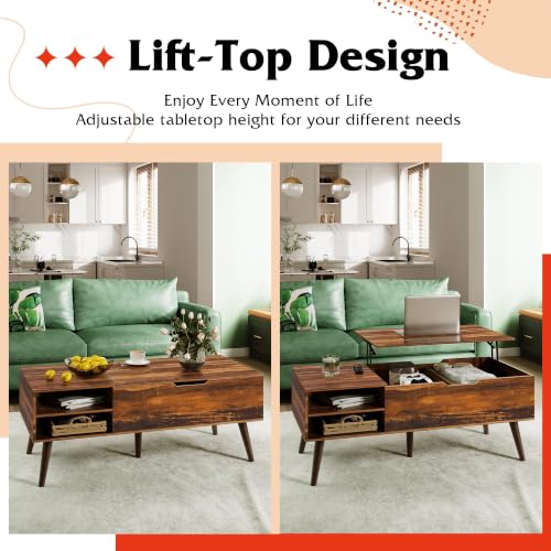 Image of WLIVE Lift Top Coffee Table with Hidden Storage, Adjustable Shelf, Brown | Mid Century Modern Wooden Coffee Table, for Dining /Living Rooms /Offices; 47.2 inchW x 21.7 inchD x 18.5 inchH