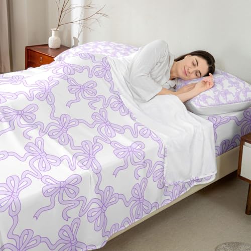Image of Castle Fairy Cute Bow Bed Sheet Set for Kids,Purple Coquette Bowtie Sheets Set,Watercolor Ribbon Bowknot Preppy Style Home Decor Sheet Sets with Deep Pocket,Top Flat Sheet,Twin Size