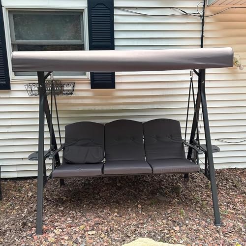Image of PURPLE LEAF Outdoor Patio Porch Swing with Stand, 3-seat Swing Chair with Adjustable Tilt Canopy All-Weather Steel Frame for Backyard Front Porch Lawn, Cushions and Pillow Included, Grey