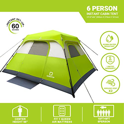 OT QOMOTOP Tents, 6 Person 60 Sec Set Up Camping Tent, Waterproof Pop Up Tent with Top Rainfly, Instant Cabin Tent, Advanced Venting Design, Green