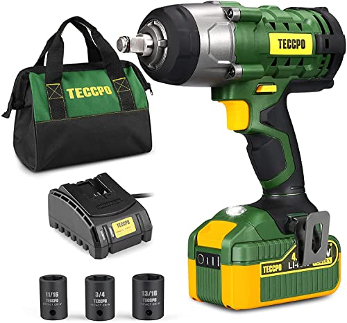 TECCPO Impact Wrench, 20V Cordless Impact Wrench 1/2 inch, 350N.m, 3000IPM, Impact Drill Gun with 4.0Ah Li-ion Battery & 2.0A Fast Charger, 0-2000RPM Variable Speed, 3 Sockets Impact Driver, Tool Bag