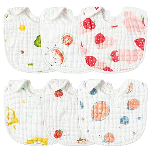 Zainpe 6Pcs Snap Muslin Cotton Baby Bibs Fruit Pattern & 6Pcs Star Cat Rabbit Pattern Adjustable Feeding Bib Unisex Burp Cloths with 6 Absorbent & Soft Layers for Infant Toddler Newborn Eating Droolin2