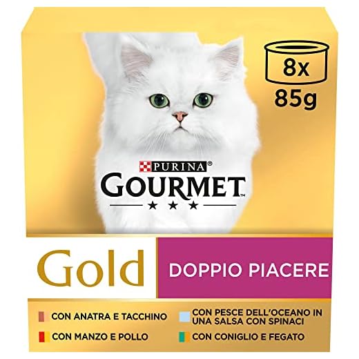 Purina Gourmet Gold Doppio Piacere Umido Gatti con Manzo e Pollo, Coniglio e Fegato, Pesce dell'Oceano, Anatra e Tacchino, 96 Lattine da 85 g