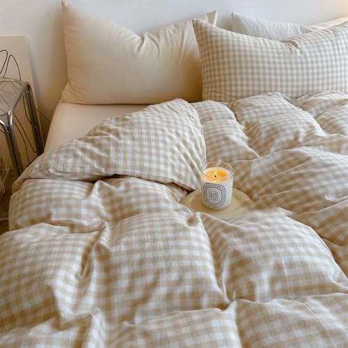Image of Nayoroom Beige Gingham Duvet Cover Queen Tan Checkered Dorm Bedding