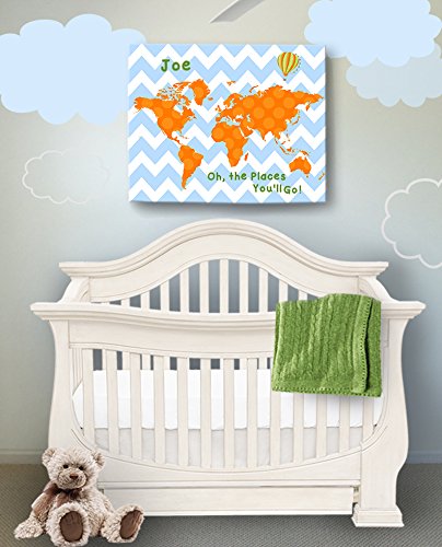 Dr Seuss, Personalized Canvas Nursery Chevron World Map, Customized Baby Name Wall Art Decor, Unique Educational Painting, Memorable Boys & Girls Gift, Giclee Print Stretched on Wood Frame 11X14