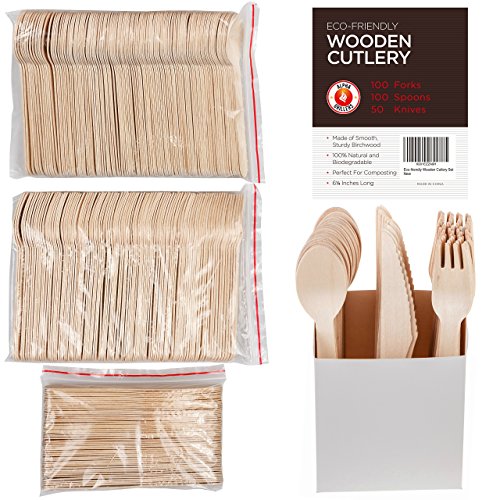 Disposable Wooden Cutlery Set. 250 Pieces: 100 Forks, 100 Spoons, 50 Knives. 6.25