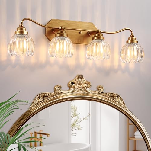 Image of Vintage Bathroom Light Fixtures, 4 Light Gold Bathroom Vanity Light, Matte Antique Brass Finish with Crystal Glass Shade, Wall Sconces Lighting for Bedroom, Living Room, Hallway