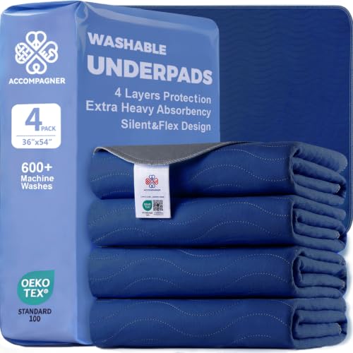 Image of Accompagner Incontinence Bed Pads Washable Waterproof, Ultra-Absorbent Reusable Underpads for Diaper Changing, Nursing, Bedridden, Adults, Seniors, Kids and Dogs (Navy, 36 inchx54 inch(Pack of 4))