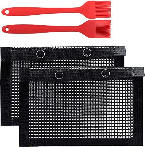 TCCO ENTERPRISE Bolsas de malla para barbacoa + cepillo para untar – Bolsas reutilizables de 24 x 14 cm para parrillas de carbón, gas, eléctricas y ahumadores – Resistente al calor, bolsa