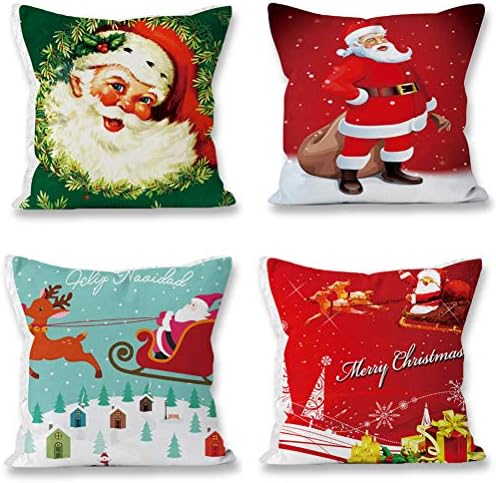 Christmas Throw Pillow Covers 18x18 Inch Set of 4 Xmas Pillow Covers Squared Throw Pillows Case for Home Decor Sofa Cushion Xmas Santa Claus Decoration Pillowcase Sets A