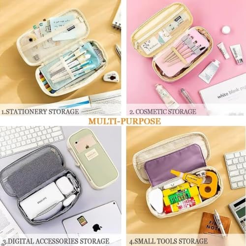 Image of WORSHIPER Big Capacity Pencil Pen Case Bag with Zipper Office College School Storage Large Capacity Bag Pouch Holder Box Organizer Colorful (Special - Creem+Black Colour)