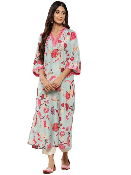 Image of Varanga Women's Blended Relaxed Fit Floral Printed Sequinned Detail A-line Kurta - Elegant and Stylish Ethnic Wear