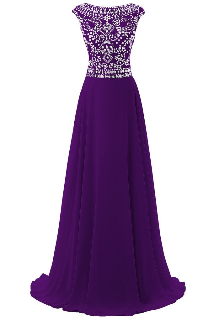 Women's Long Chiffon Bridesmaid Dress Cap Sleeves Beaded Prom Eveing Gown Purple US 6