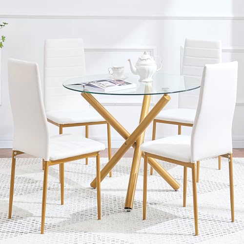 Modern 5 Piece Round Dining Set with Gold Legs Tempered Glass Table and Faux Leather Chairs for Kitchen Apartment Restaurant Seats 4