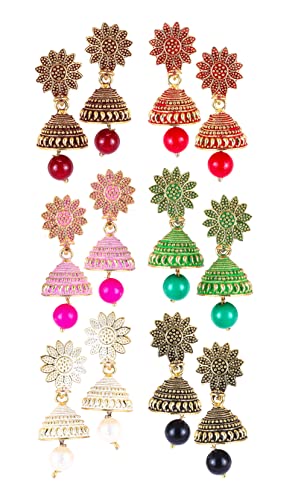 Image of MEENAZ Jhumka Earrings For Women girls,Earrings Combo set valentine gift Traditional Wedding Temple Gold Meenakari Ethnic Antique South Indian Round Pearl Moti jhumkas Feather Peacock jhumki combo M02