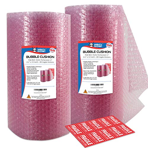Mighty Gadget Pink Anti-Static Bubble Cushioning Wrap Rolls For Moving & Packaging With Perforated Line Every 12"(12" X72 Feet, 36’/Roll) + Free Fragile Labels #TOP6