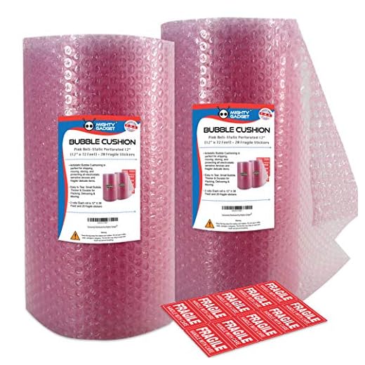 Mighty Gadget Pink Anti-Static Bubble Cushioning Wrap Rolls for Moving & Packaging with Perforated Line Every 12"(12" x72 Feet, 36’/Roll) + Free Fragile Labels
