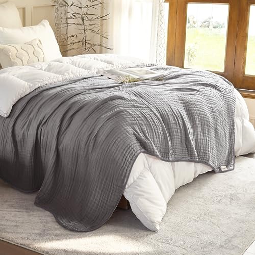 Image of SANACYNA Muslin Blankets 100% Cotton 6-Layer Gauze Gray Grid Bed Blanket Lightweight Soft and Breathable King Blanket for Sofa Couch Bed Coverlet Both Sides (Grey, King 90 inch X 104 inch)