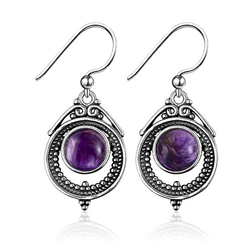 Boucles d'oreilles Charoite naturelle femme argent 925 vintage 7mm ronde