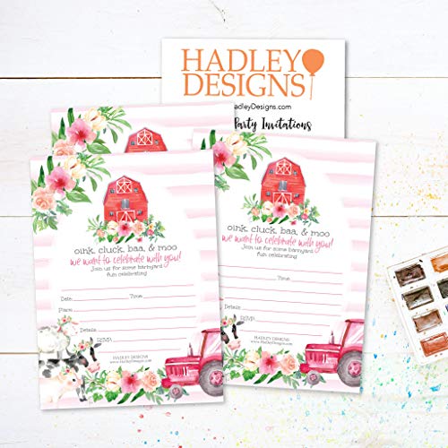 Image of Hadley Designs Kids Birthday Invitations For Boys and Girls Barnyard Theme - 25 Farm Animals Birthday Party Invitations For Boys, Tractor Barn Invites For Girls, Cute Ranch Party Supplies, Made In USA