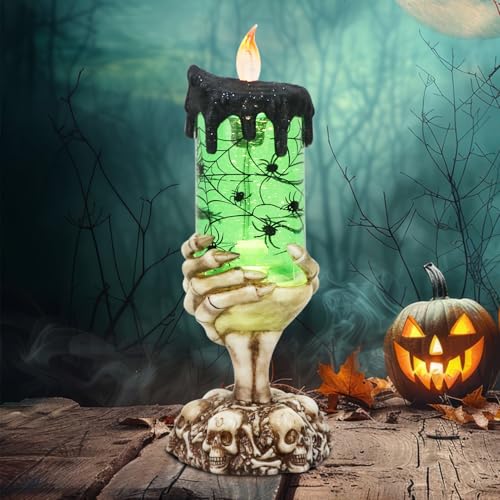 Image of Halloween Snow Globe Flameless Candle with Timer, Battery Operated Tornado Lamp Skeleton Hand Candle Holder Green Light Glittering Spinning Water Halloween Table Decor(Spider, 4 inch x 10 inch)
