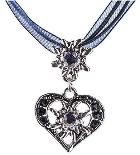 Trachtenkette elegantes Herz mit Strass und Edelweiss Anhänger Trachtenschmuck Kette für Dirndl und Lederhose Damen in vielen Farben (Blau)