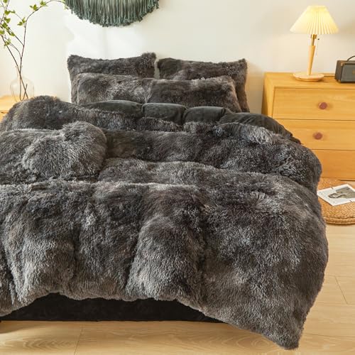Fluffy Faux Fur Tie Dye Black Comforter Cover Twin Set – Plush Fluffy Tie Dye Black Bedding 2-Piece Set (1 Furry Duvet Cover + 1 Shaggy Pillow Sham) Cozy Bed Set