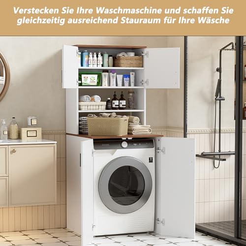 Wasmachinekast met 2 deuren, 68 x 68 x 170 cm, hoge kast voor de badkamer met verstelbare planken en grote opbergruimte, wasmachinekast, ruimtebesparend, walnoot + wit - Afbeelding 5