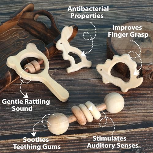 Image of Babbles Neem Wood Teethers for Babies | Wooden Teethers for 6 to 12 Months Baby | Natural and Antibacteria (Rabbit+Turtle+Dumbbell+Micky)