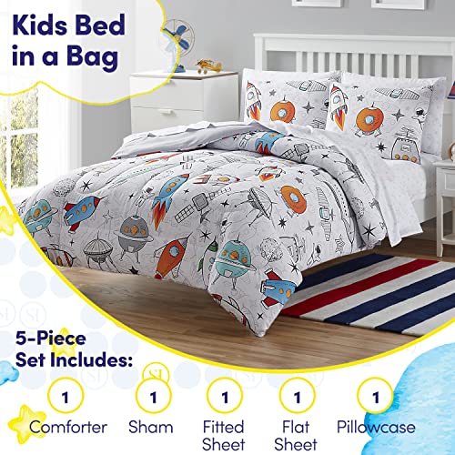 Image of Kids Bedding Set Bed in a Bag for Boys and Girls Toddlers Printed Sheet Set and Comforter , Twin, Floating in Space