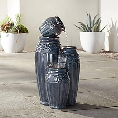 Four Blue Urns Modern Outdoor Floor Water Fountain 27" High with LED Light Cascading Ceramic for Garden Patio Backyard Deck Home Lawn Porch House Relaxation Exterior Balcony - John Timberland