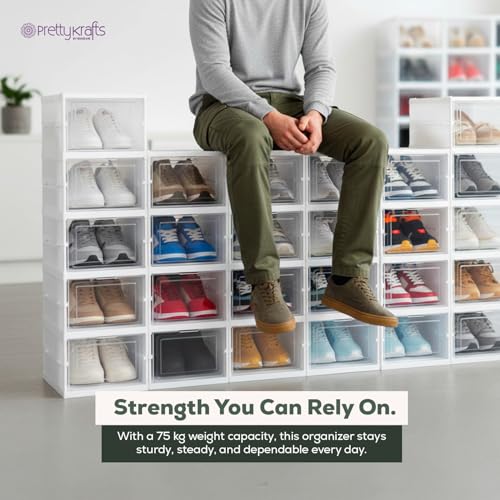 Image of PrettyKrafts 6-Tier Collapsible Shoe Rack with Door | Heavy Duty Plastic Sneaker Crates | Transparent Shoe Boxes | Sneaker Shoe Stand | Organiser for Heels, Boots, Loafers, Slippers (26 x35 x 90 cm)