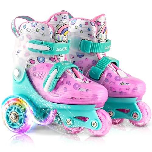 SULIFEEL Verstellbare Rollschuhe für Kinder für Mädchen und Jungen, Spaß beleuchtende Licht Blitz Räder DREI-Punkt-Typ Balance geeignet für Anfänger Indoor Rollschuhlaufen SULIFEEL Verstellbare Rollschuhe für Kinder für Mädchen und Jungen, Spaß beleuchtende Licht Blitz Räder DREI-Punkt-Typ Balance geeignet für Anfänger Indoor Rollschuhlaufen
