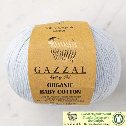 Gazzal5 Ball (Pack) Organic Baby Cotton Yarn, Total 8.8 Oz. 100% Organic Cotton, Each 1.76 Oz (50g) / 125 Yrds (115 m), 3 Light DK, Baby Blue - 417