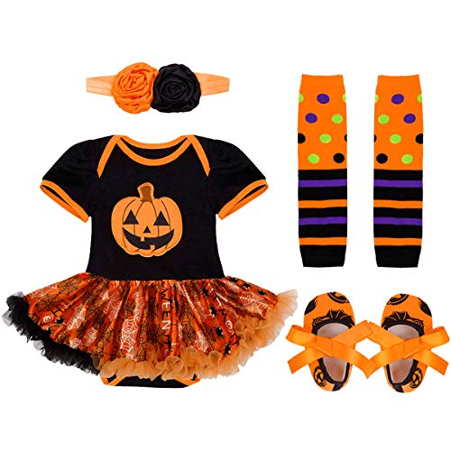 Alvivi Infant Baby Girl First Halloween Outfit Fancy Costume Romper Tutu Dress Headband Leg Warmer Shoes 4PCS Set Orange 9-12 Months