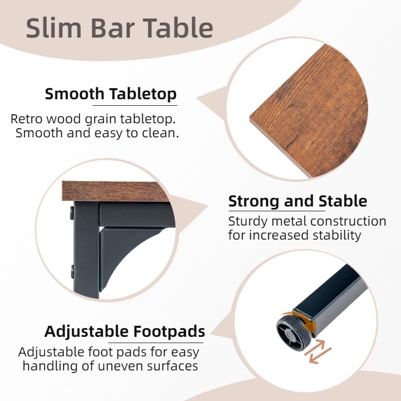 Table De Bar En Bois Massif Tables De Pub Hautes Table De Bar Longue Et étroite Table De Salle à Manger De Cuisine,Cadre En Métal,Coussin Réglable Pour Salle D'entrée Pub-sans Chaises