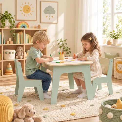 MAMIZO Mesa Infantil con 2 sillas, Doble tableros de Mesa, Grupo de Asientos con Espacio de Almacenamiento, Mueble Infantil para Habitación Infantil, Kindergarten, Sala Juegos, Verde