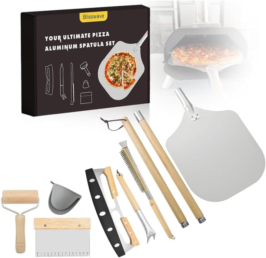 The 7-piece pizza oven accessory set is perfect for making pizza. Comprises a pizza shovel, an oven brush, a bubble Popper deformer, a rocking knife, a silica gel clamp, a dough roller and a scraper.