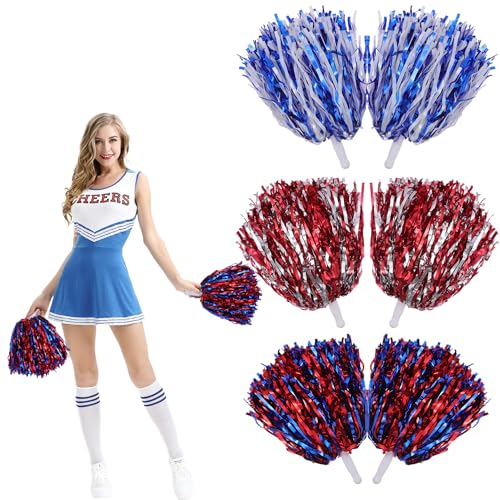 6 Piezas Pompones Animadora Pompones de Colores Pompones Animadora Niña Pompon Animadora con Asa para Eventos Deportivos Juegos Escolares Fiestas de Baile y Raves(Azul y Blanco Rojo y Plata Rojo y Az