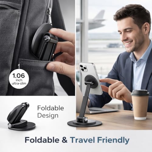 Image of Mizi Magnetic Phone Stand for MagSafe - Adjustable Height & 360 Rotating iPhone Desk Holder Compatible with iPhone 17 /16 /15 /14 /13 /12, Galaxy Series & MagSafe Cases - Black