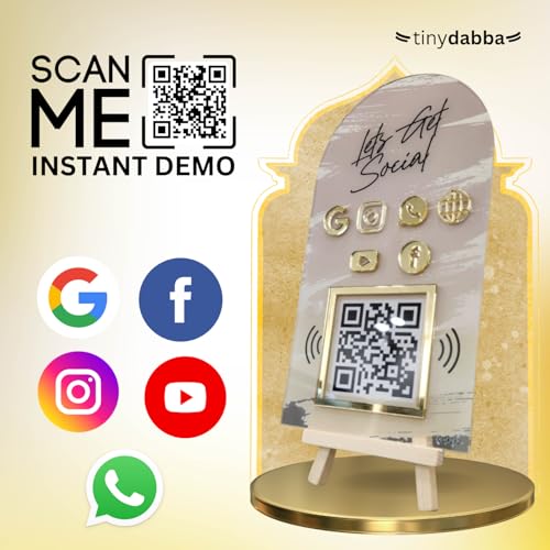 Image of Combo Standee 5-in-1 | NFC & QR Enabled | Connect Review, Instagram, Facebook, YouTube, WhatsApp & More | Share Bio Link Instantly | 5x8 Inch Golden Premium With Wooden Stand