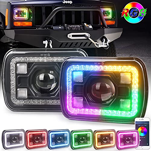 7x6 RGB Halo LED Headlights, PXPART 85W DOT 5x7 inch LED Headlights with Bluetooth Control RGB Halo Amber Turn Signal Compatible with Jeep Wrangler YJ Cherokee XJ GMC Toyota Nissan Ford Truck