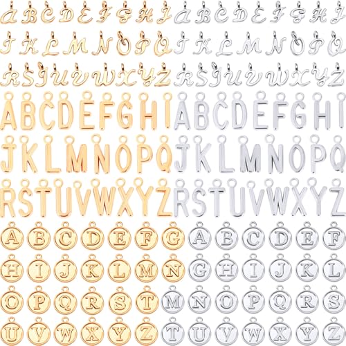 SANNIX 156Pcs/6 Sets Alphabet ABC Letter Charms 3 Styles Capital A-Z Charms DIY Bracelet Necklace Pendants with 200Pcs Open Jump Rings for Jewelry Making (KC Gold & Antique Silver)