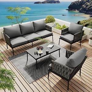 Gartenmöbel Set, Balkon Möbel Set mit Bequemen Kissen, Lounge Möbel Outdoor, Terassenmöbel mit 3er Sofa, 2 Sessel und Couchtisch, Glastischplatte, Geflochtene Seilarmlehnen, Grau