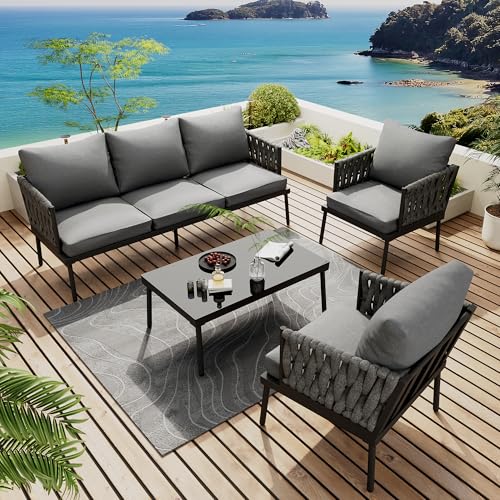 Gartenmöbel Set, Balkon Möbel Set mit Bequemen Kissen, Lounge Möbel Outdoor, Terassenmöbel mit 3er Sofa, 2 Sessel und Couchtisch, Glastischplatte, Geflochtene Seilarmlehnen, Grau