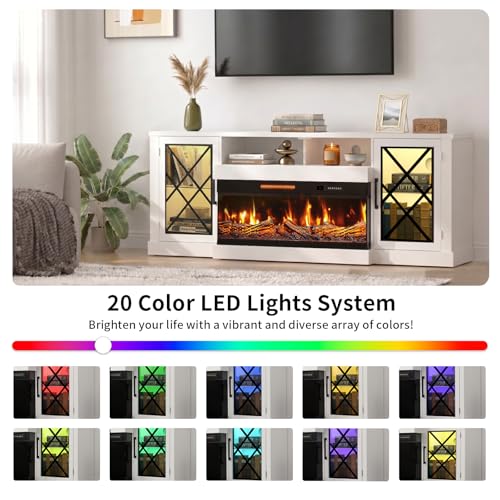 Image of BREEZEHEAT Fireplace TV Stand for TVs up to 90 inch, 3-Sided Electric Entertainment Center with 40 inch LED Fireplace, Media Console w /Storage Cabinet & Glass Doors, 79Inch, White