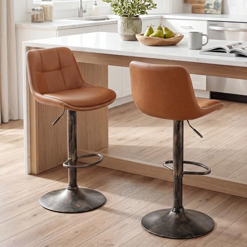 LSSPAID Set de 2 Butacos Ajustables con Giratorio 360°, Respaldo, Asiento en Cuero PU, Base de Metal con Acabado Antiguo Cepillado, Color Marrón miniatura 1