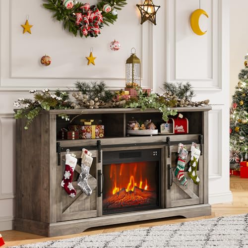 MilleLoom Fireplace TV Stand for Television up to 65+ Inch,Farmhouse Entertainment Center w/ 23'' Electric Fireplace, Large Storage Tv Console Stand with Sliding Barn Door & Adjustable Shelf -Gray